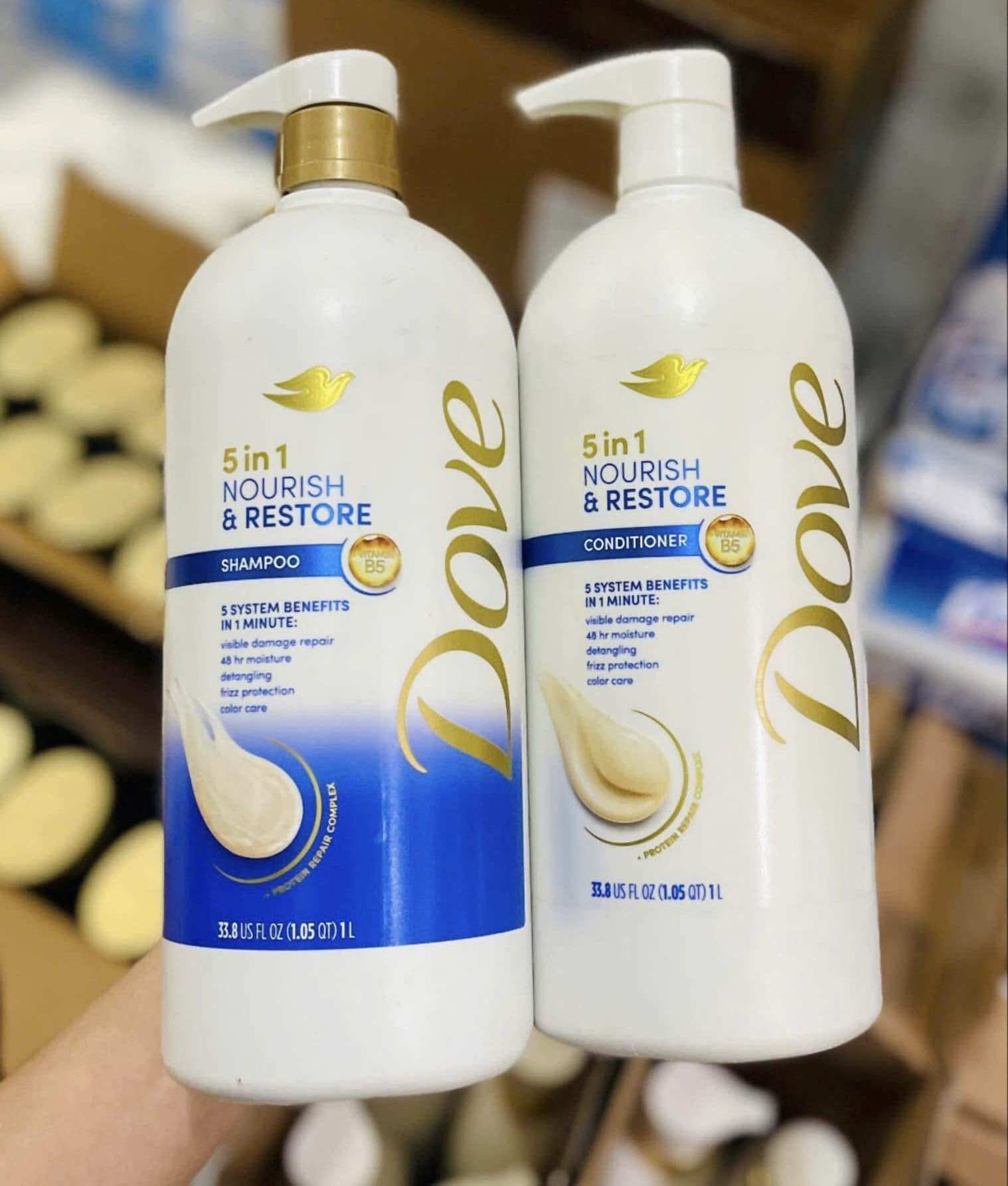 Nguyên cặp dầu gội và dầu xả Dove 5 in 1 Nourish & Restore 1L Mỹ.