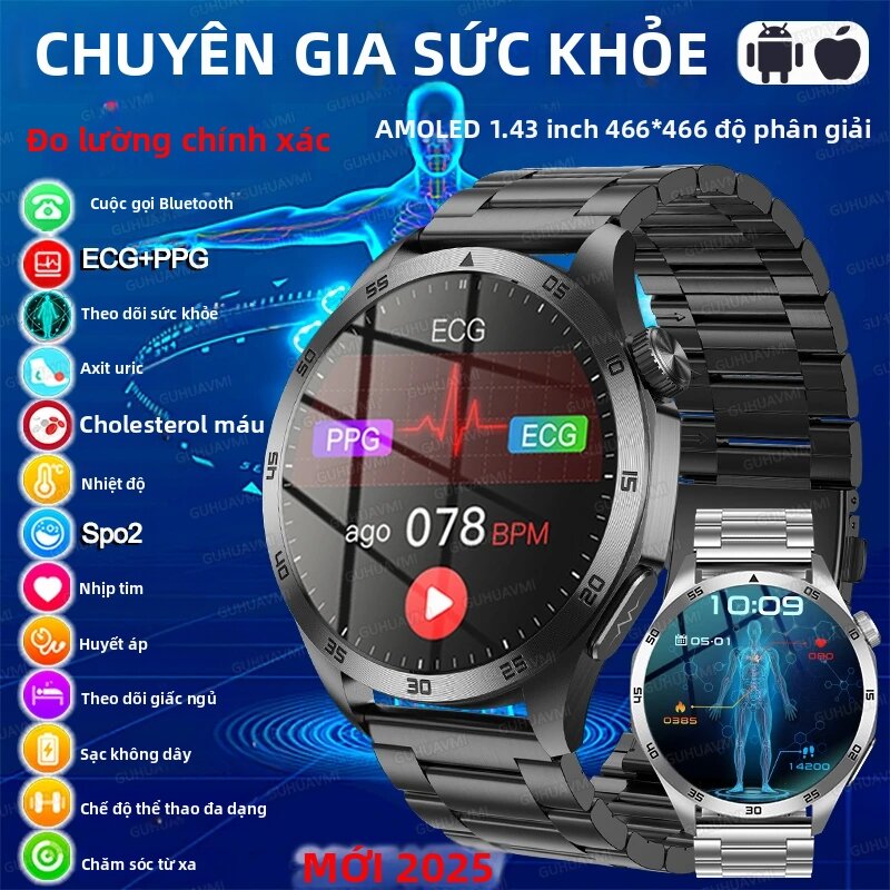 GUHUAVMI | Đồng Hồ Thông Minh Đo Sức Khỏe Dành Cho Nam Giới – Oxy Trong Máu, Axit Uric, ECG+PPG, Huyết Áp Cơ Thể, Cuộc Gọi Bluetooth HD, Tương Thích Với iOS Android