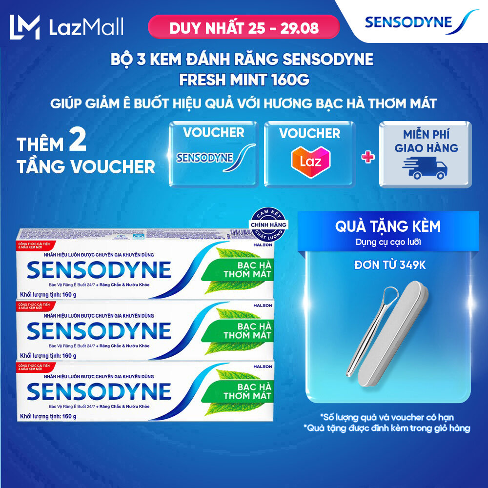 Bộ 3 Kem đánh răng SENSODYNE Fresh Mint 160g giúp giảm ê buốt hiệu quả với hương bạc hà thơm mát