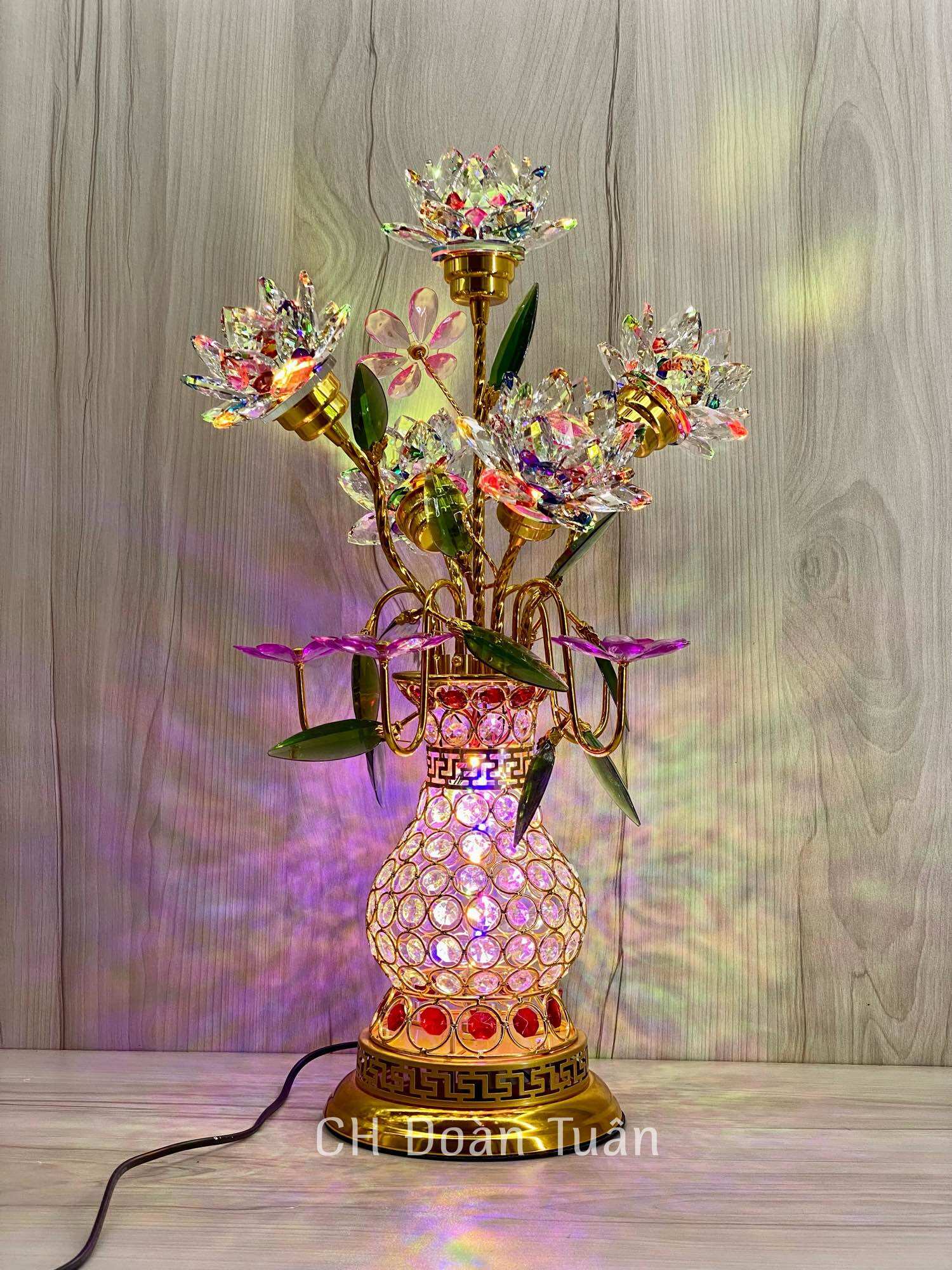 đèn thờ bình bông pha lê cao cấp - đèn bình 5 bông pha lê