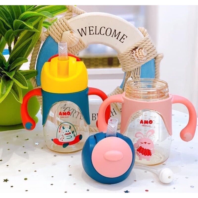 Bình tập uống nước cho bé có ống hút chống sặc tritan cao cấp amo baby 240ml