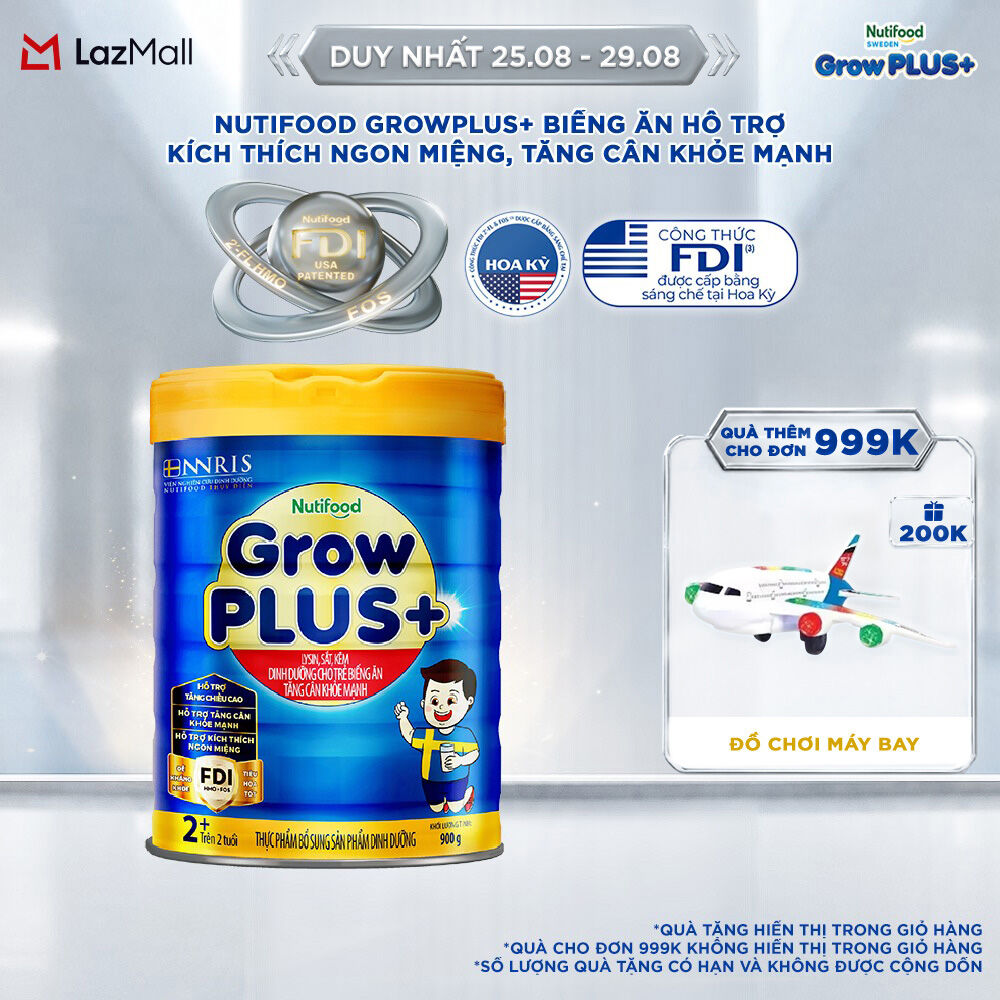 Sữa Bột Nutifood GrowPLUS+ Biếng Ăn (Xanh) 2+ - Hỗ trợ kích thích ngon miệng, tăng cân khỏe mạnh (Lon 900g)