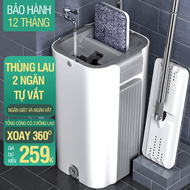 Bộ cây lau nhà Kitimop-C6 Plus có thùng lau nhà 2 ngăn tự vắt thông minh, chổi lau nhà 360 độ lau sàn làm sạch, 3 bông lau