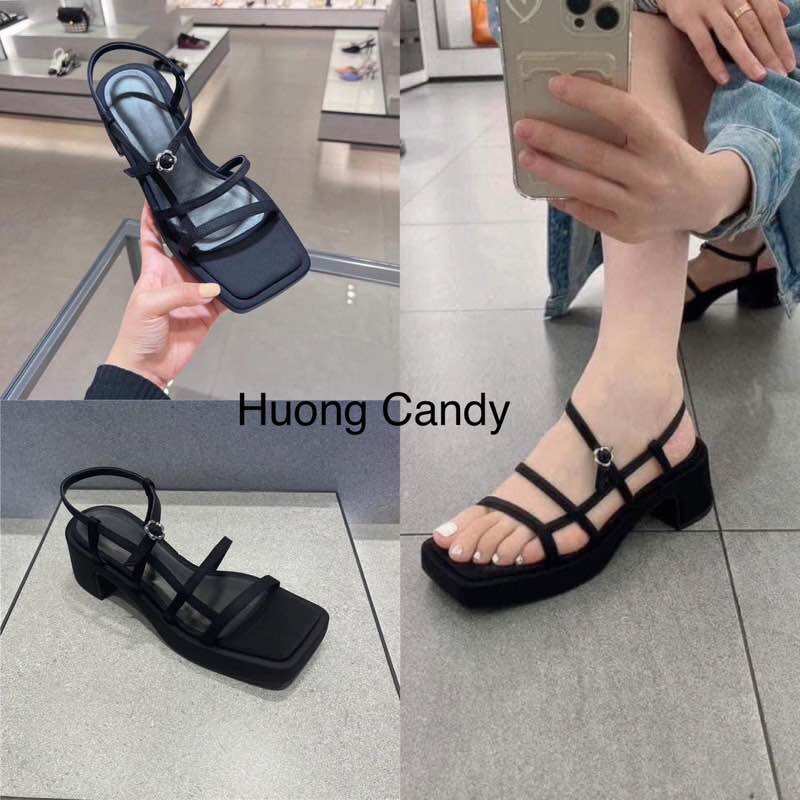 Sandal CK Dây đen gót vuông cao 5cm FULLBOX