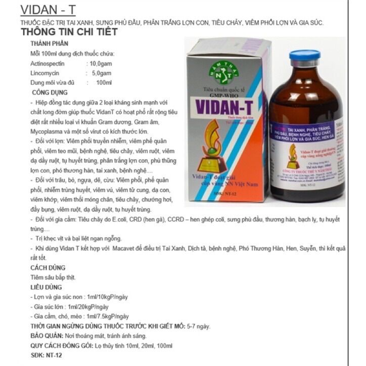 [THÚ Y] 1 lọ VIDAN-T dùng cho tai xanh, sưng phù đầu, phân trắng viêm phổi trên trâu bò lợn chó mèo