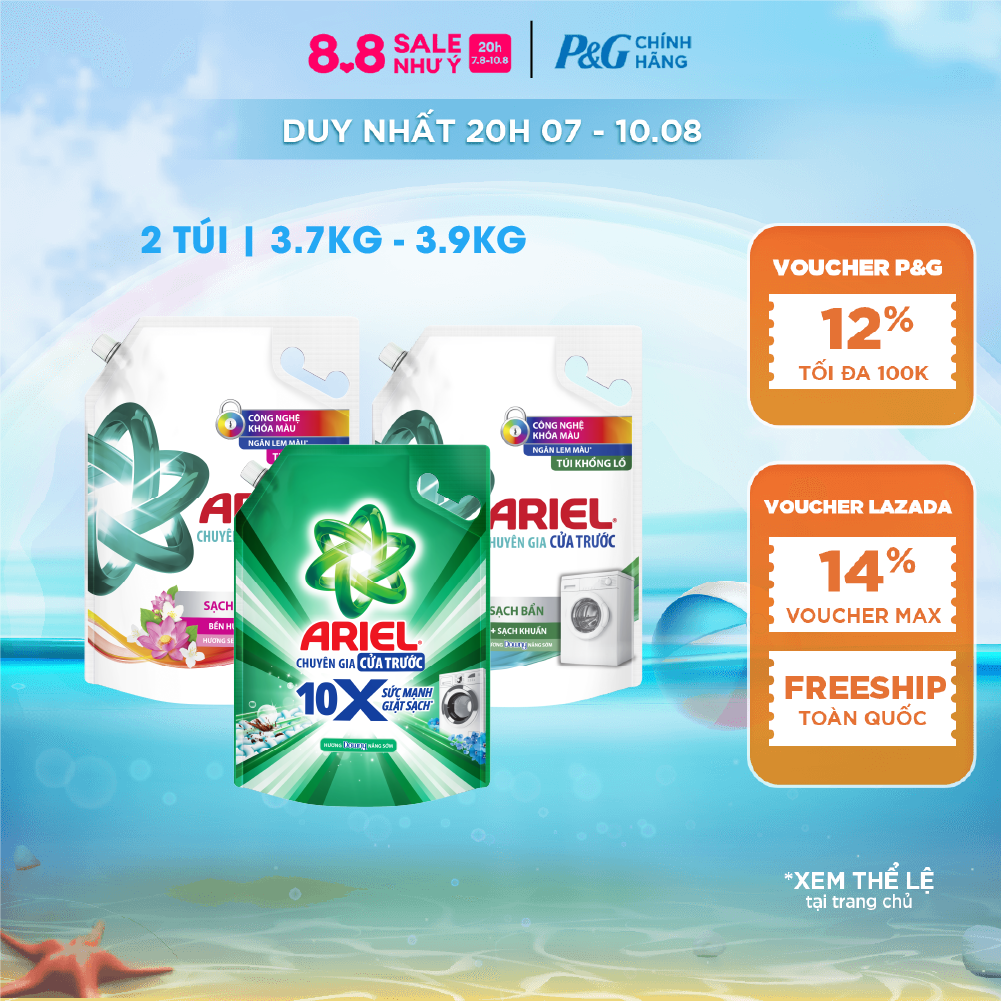 [Xu 17%] Combo 2 Nước Giặt Cửa Trước ARIEL Ngăn Lem Màu, Quần Áo Siêu Thơm Hương Downy Nắng Sớm/ Hương Sen Nhài/ Oải Hương Túi 3.9KG/ 3.7KG