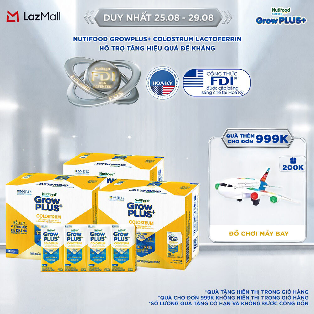 Combo 3 Thùng 24 hộp Sữa bột pha sẵn Nutifood Sweden GrowPLUS+ Colostrum Lactoferrin 110ml