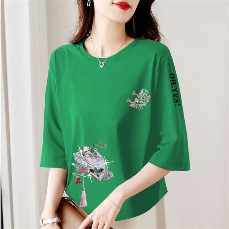 Áo Thun Tay Lửng in Họa Tiết Phong Cách Trung Hoa Rộng Rãi Cho Phụ Nữ Trung Niên Và Cao Tuổi Mùa Hè Thường Ngày