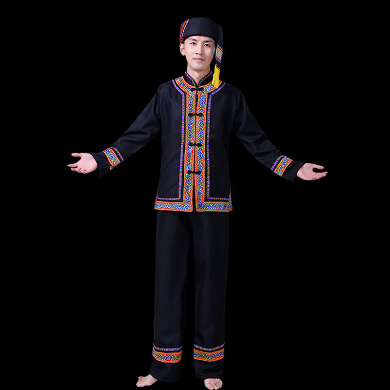 Guangxi Zhuang Costume Men's Ethnic Style Yunnan Minority Miao Yi Costume Cucurbit Flute Performance Costume and Accessories