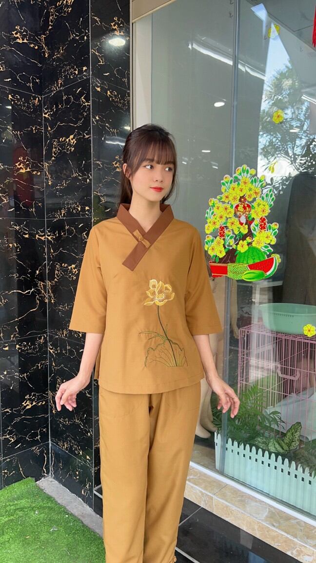 Đồ lam đi chùa, đồ phật tử vải kate 1 nút