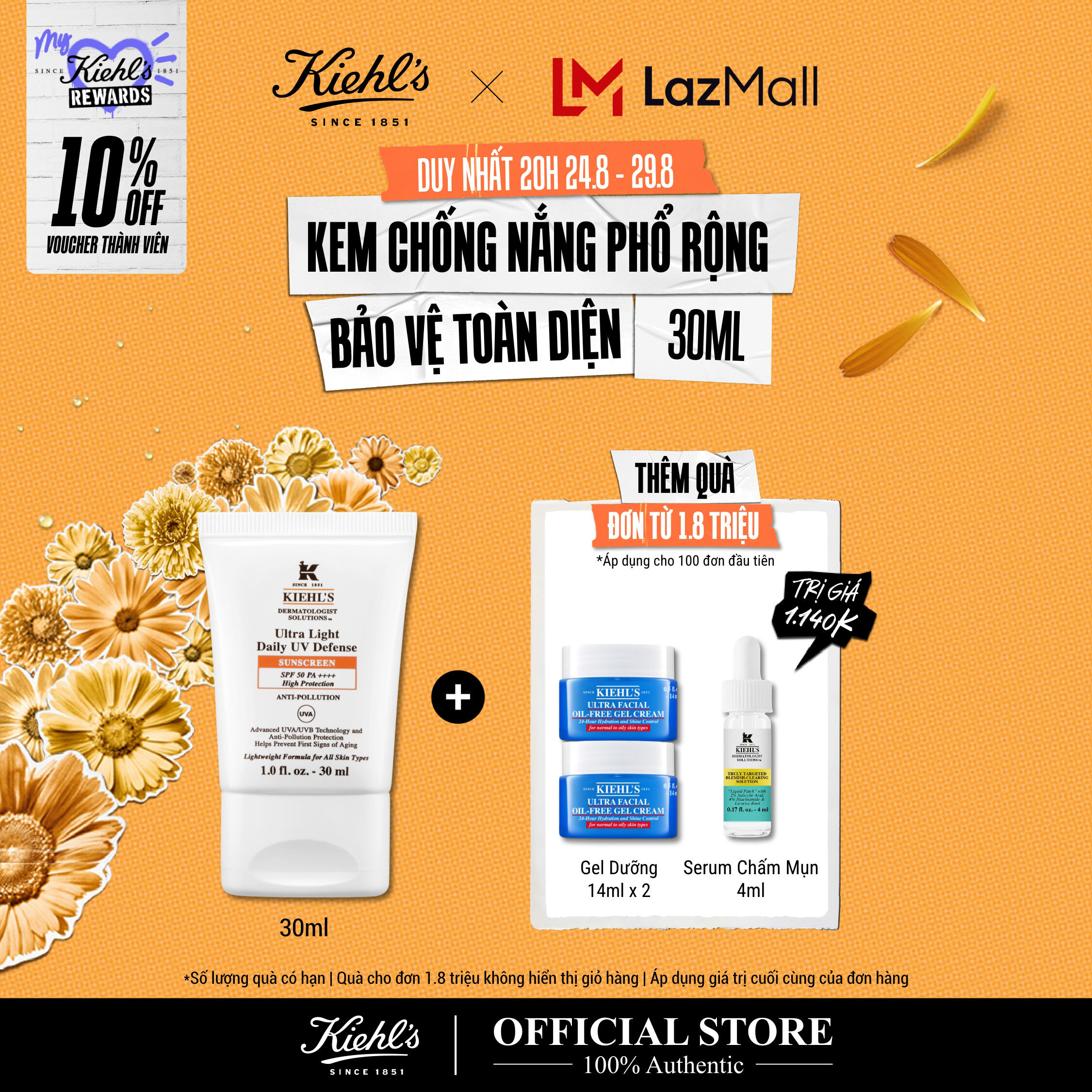 [VOUCHER 10% - TẶNG QUÀ ĐƠN 1.8TR] Kem chống nắng hằng ngày Kiehl's Ultra Light Daily UV Defense SPF 50 PA++++ Anti-pollution 30ml