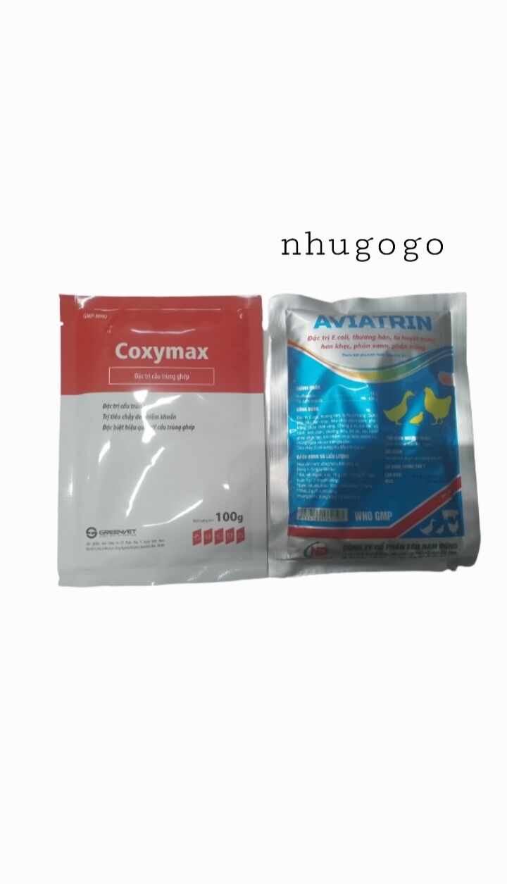 Combo 1 gói Coxymax 100 gram và 1 gói Aviatrin 100 gram tặng kèm 2 ống tiêm * 1ml cầu trùng gà