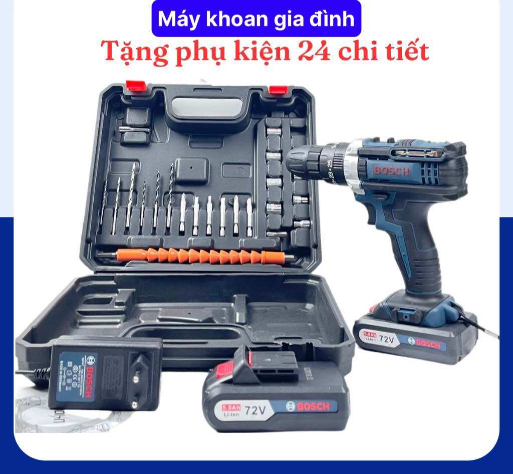 Máy khoan pin Bosch 72v, máy khoan cầm tay 3 chức năng có búa tặng bộ phụ kiện 24 chi tiết