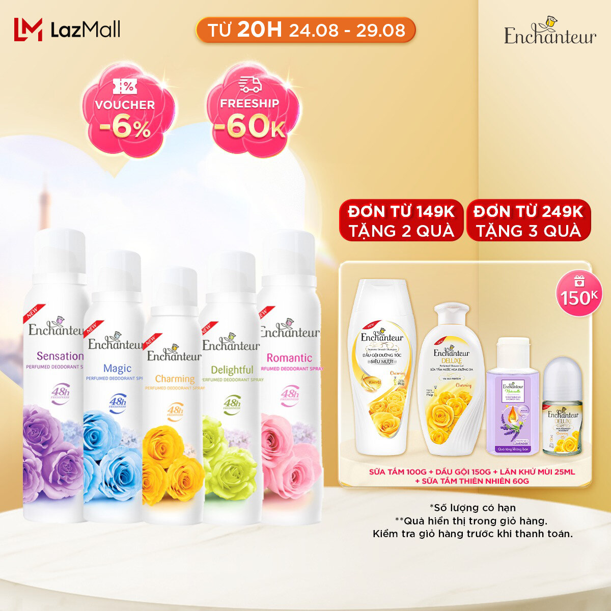 Xịt khử mùi nước hoa Enchanteur Charming/Sensation/Delightful/Romantic/Magic 150ml