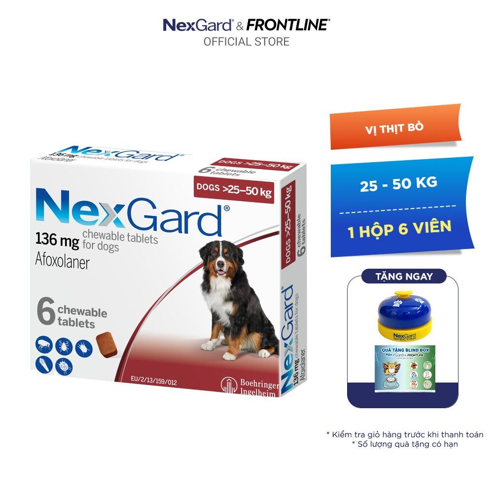 NexGard - Viên nhai phòng & trị ve, rận, bọ chét, ghẻ demodex, sarcoptes dành cho chó - 1 hộp 6 viên