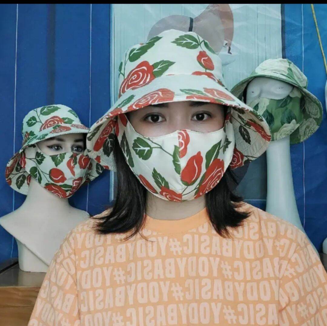 Mũ Chống Nắng In Bông Hồng Khẩu Trang Liền
