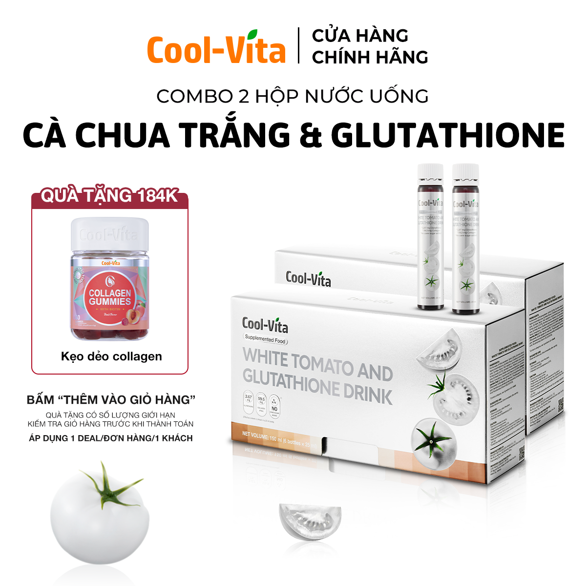 Combo 2 Hộp Thực Phẩm Bổ Sung Nước Uống Cà Chua Trắng Hỗ Trợ Sáng Da Kết Hợp Glutathione & Collagen Coolvita (6 chai×25 ml)/hộp