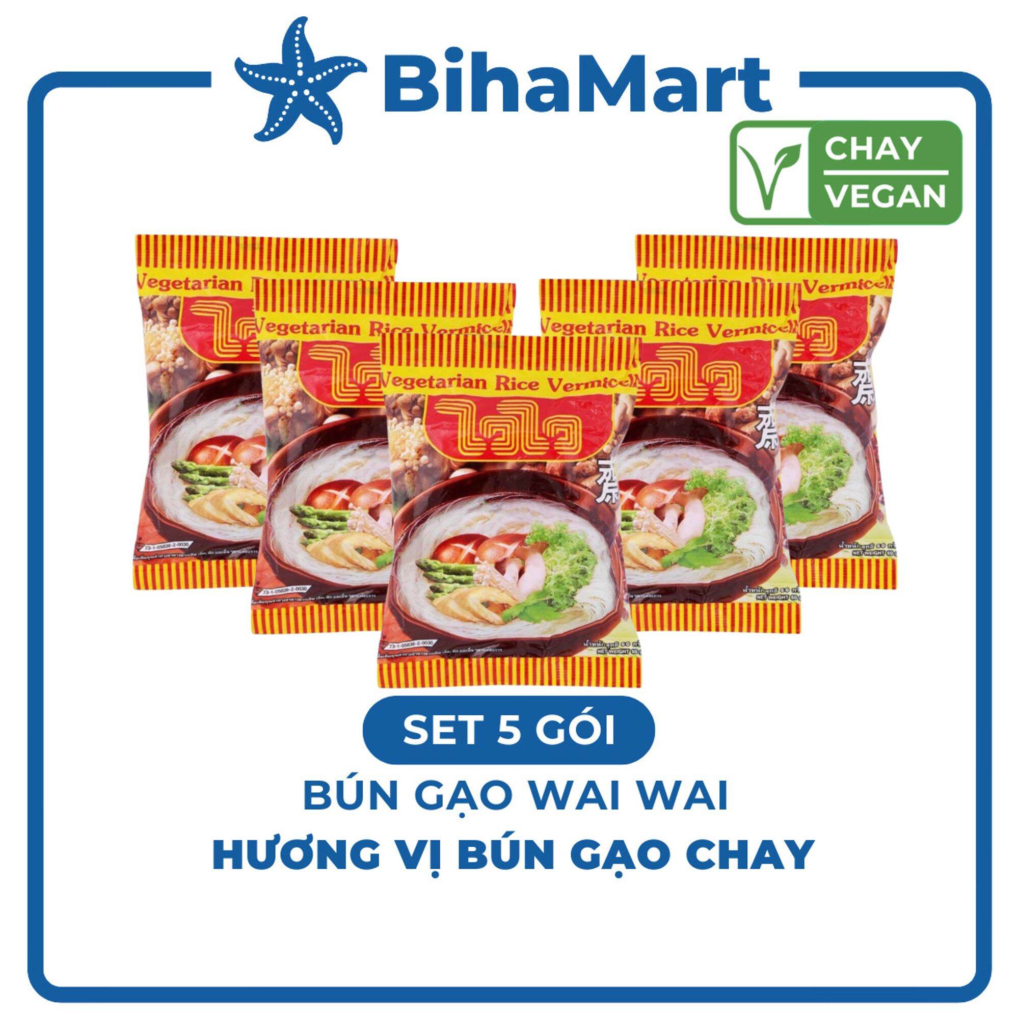 [SET 5 GÓI] - WAIWAI - Bún gạo WaiWai chay - 60g/gói - Bún Wai Wai hương vị bún gạo chay - Bún gạo ăn liền WaiWai chay