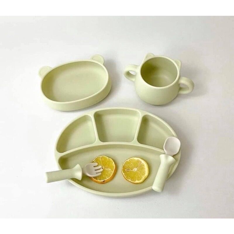 Set ăn dặm bluemama ( khay, cốc gấu, bát gấu, set thìa dĩa)
