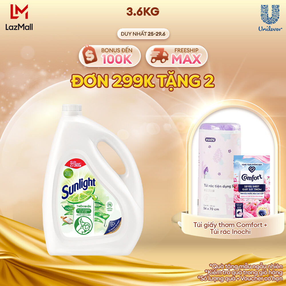 Nước rửa chén Sunlight Thiên nhiên Muối khoáng Lô hội 100% Gốc thực vật Chai 3.6kg