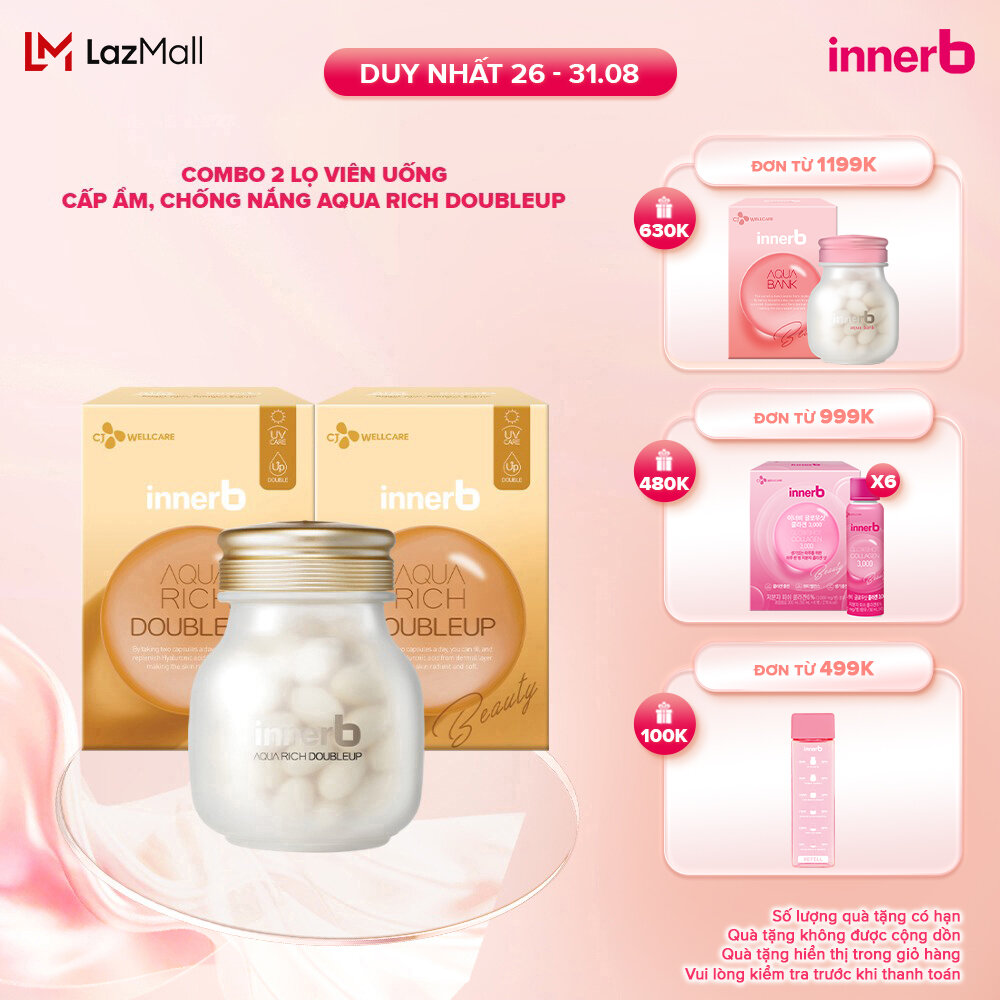 Combo 2 Thực phẩm bảo vệ sức khỏe Innerb Aqua Rich DoubleUp (giúp giữ ẩm da sáng mịn từ Axit Hyaluronic) lọ 56 viên