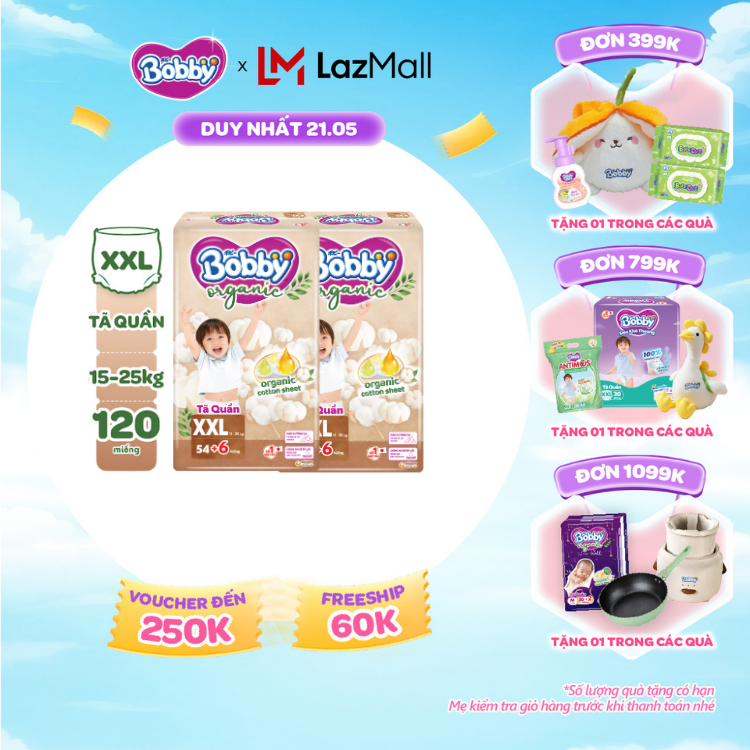 [SALE CUỐI THÁNG tặng QUÀ TO-SLCH][COMBO 2][TẶNG KÈM 6 MIẾNG] Tã quần cao cấp Bobby Organic chăm sóc dịu nhẹ từ thiên nhiên XXL54
