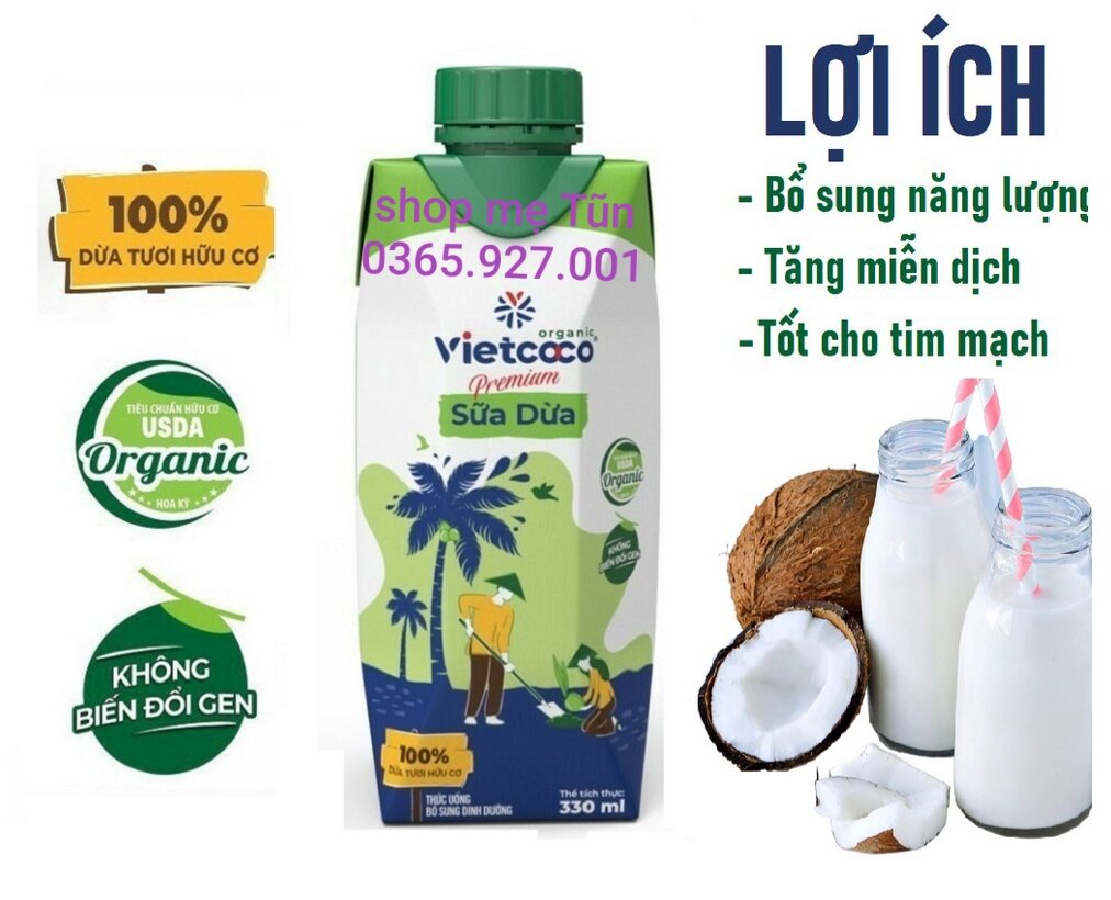Sữa dừa organic vietcoco 330ml hộp giấy