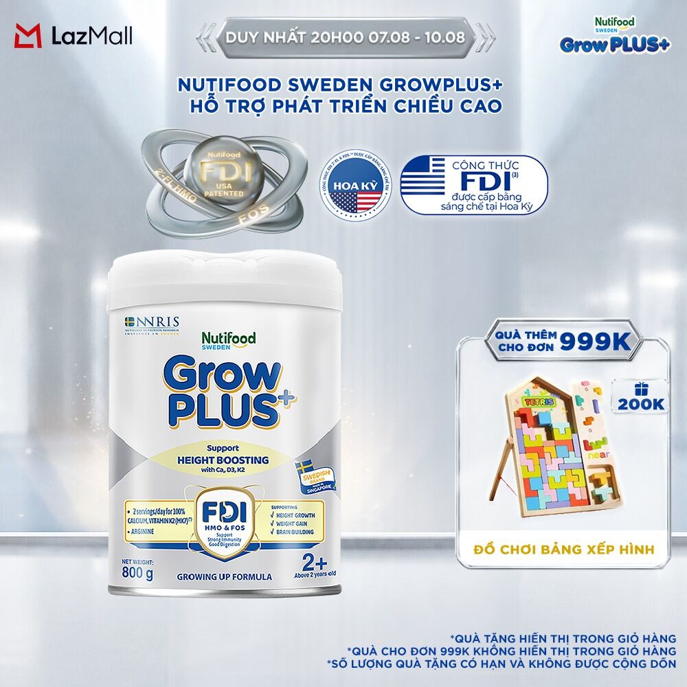 Sữa Bột Nutifood Sweden GrowPLUS+ Cao lớn vượt trội trên 2 tuổi (Bạc) 800g - Hỗ trợ phát triển chiều cao