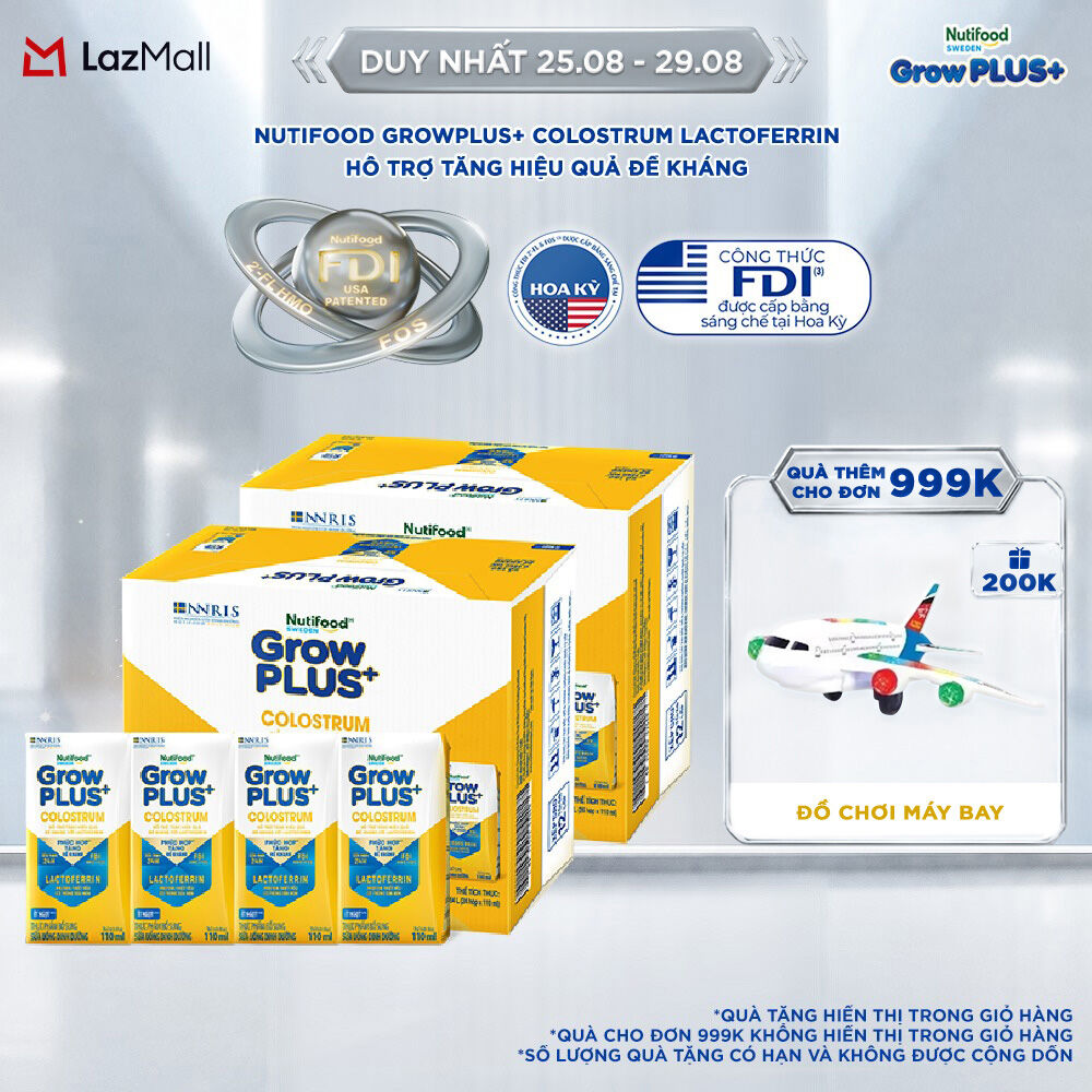 Combo 2 Thùng 24 hộp Sữa bột pha sẵn Nutifood Sweden GrowPLUS+ Colostrum Lactoferrin 110ml