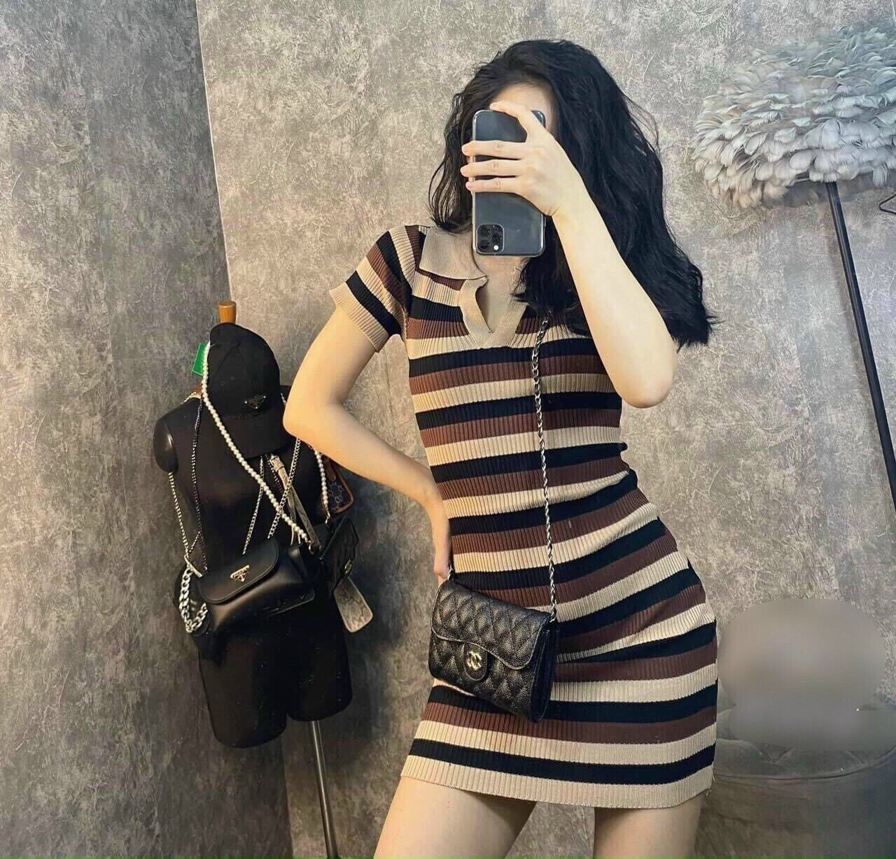 Váy len đầm len body cổ bẻ cộc tay kẻ ngang hàng QC