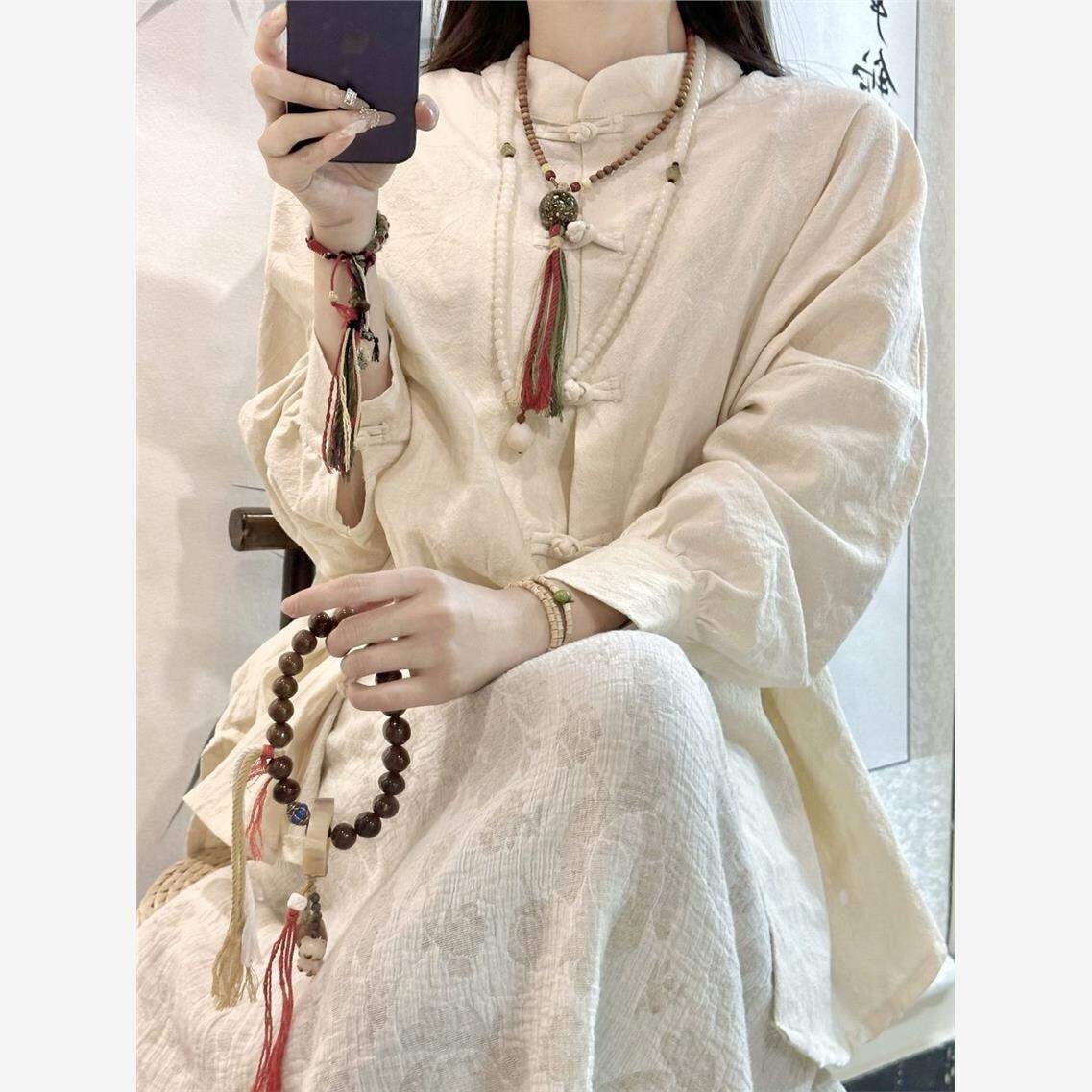 Bộ Đồ Trà Phong Cách Trung Hoa Mới Bằng Vải Lanh Cotton Pure Color Cổ Đứng Tay Thường Không Có Thương Hiệu Quần Áo Nữ