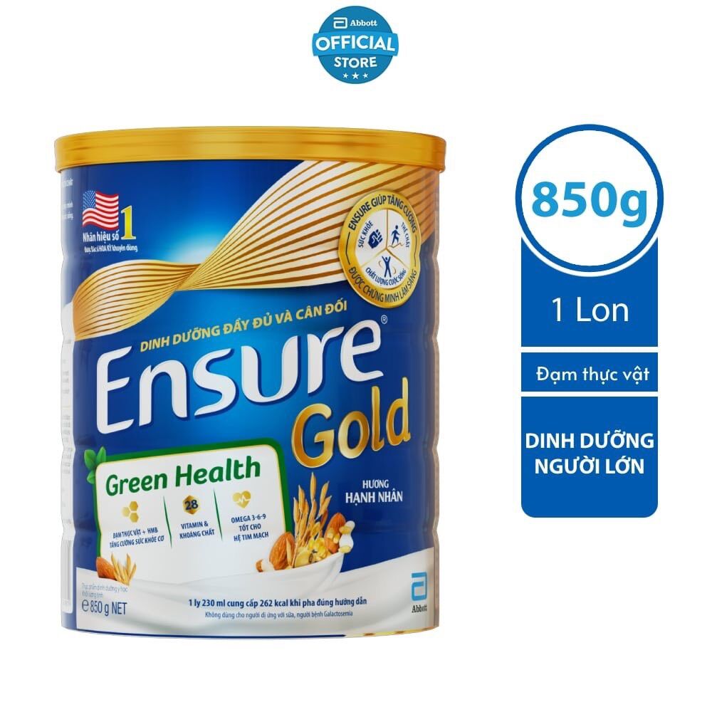 Lon sữa bột Ensure Gold Abbot đạm thực vật hương hạnh nhân 850gram/lon