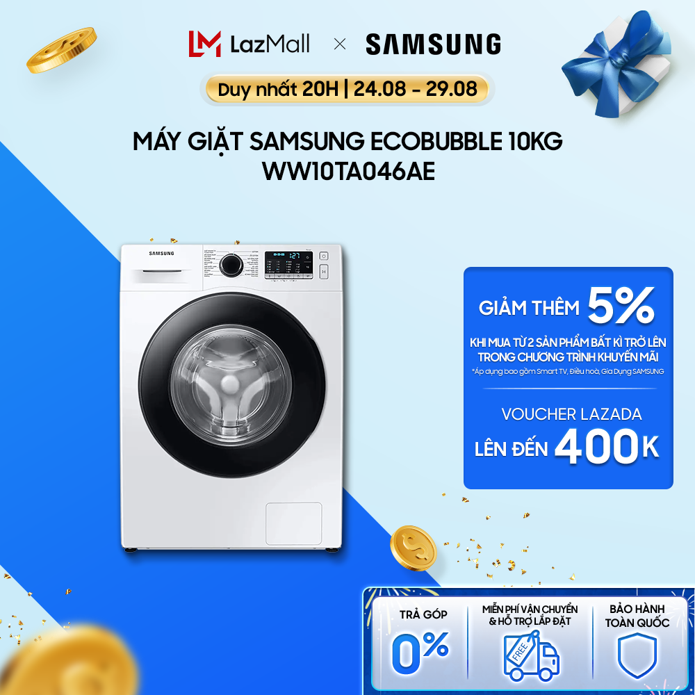 Máy Giặt cửa trước Samsung Ecobubble™ với Giặt hơi nước diệt khuẩn 10 kg WW10TA046AE/SV