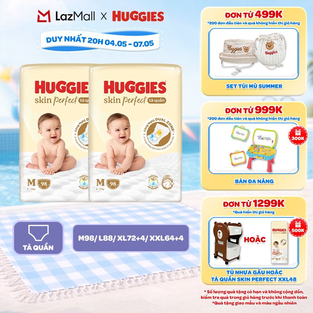 Combo 2 gói Tã quần Huggies Skin Perfect Mega Jumbo M98/L88/XL72+4/XXL64+4 miếng với 2 vùng thấm giảm kích ứng da