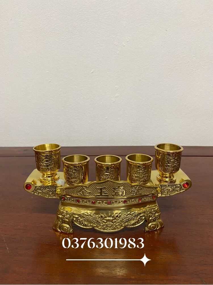 Bộ khay 5 chén bằng đồng vàng- ly bằng đồng nguyên chất