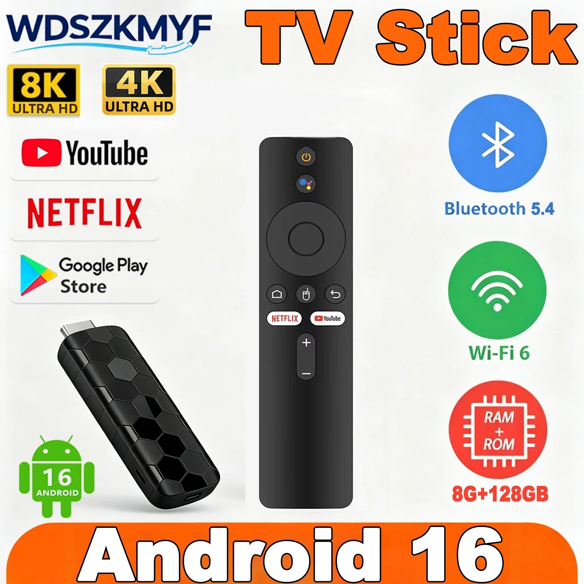 Thiết Bị Phát Trực Tuyến Android TV Stick 4K/8K UHD, Bộ Nhớ 8GB+128GB, WiFi 6, Bluetooth, Hỗ Trợ Xem Phim Tại Nhà Với Điều Khiển Từ Xa, Tương Thích Netflix, YouTube