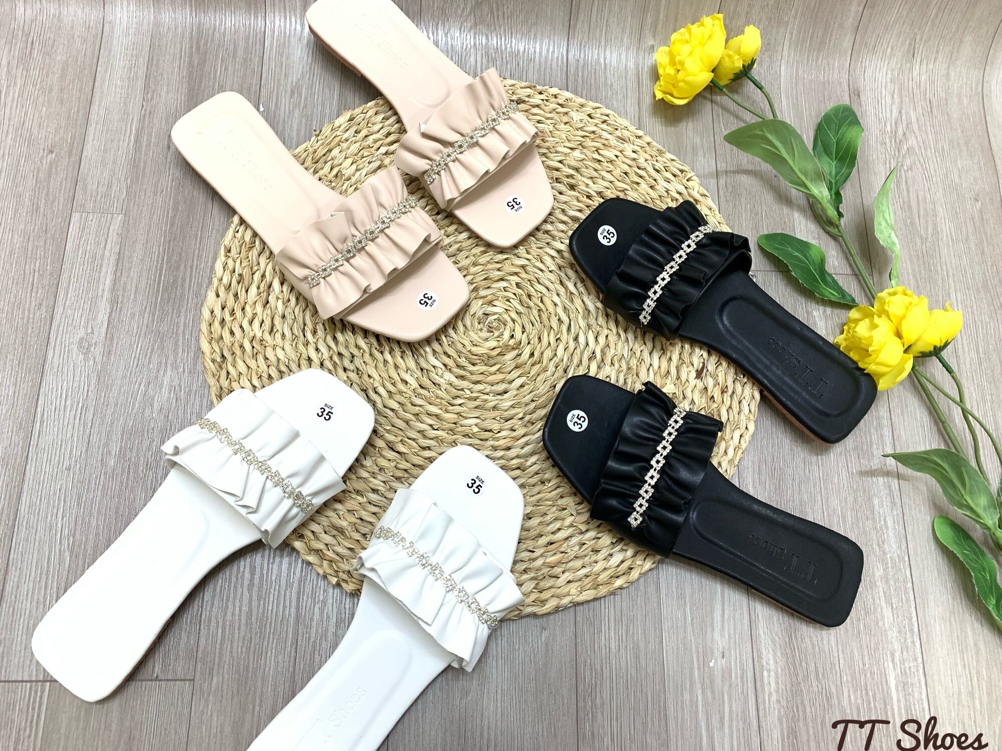Dép xẹp đính đá EVA EVA Shoes mũi vuông hoangda01
