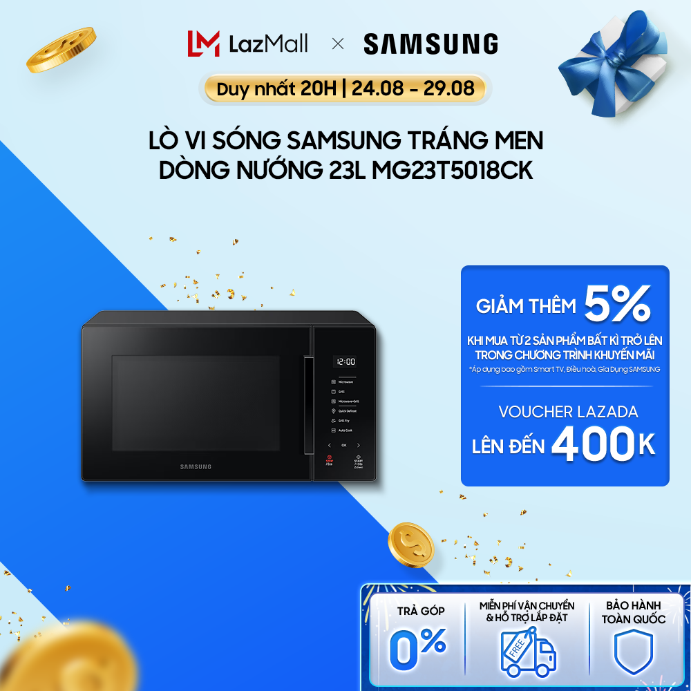 Lò vi sóng tráng men Samsung Công nghệ chiên nướng Grill Fry Dung tích 23 L Màu Đen MG23T5018CK