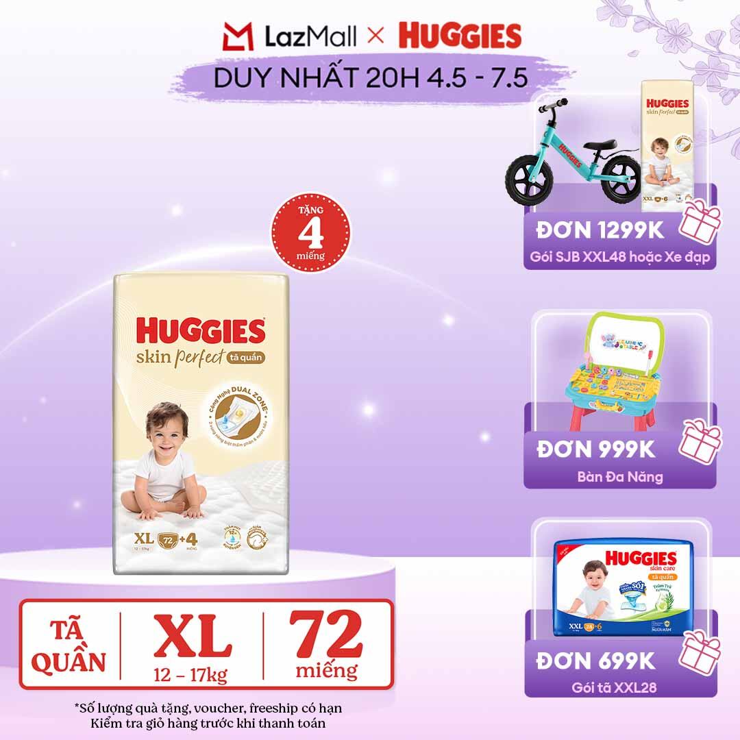 [CHỈ 20h 04-07.05 QUÀ TẶNG ĐH 699K]  Tã quần Huggies Skin Perfect XL Mega Jumbo 72+4 miếng với 2 vùng thấm giảm kích ứng da - Nhiều Phiên bản