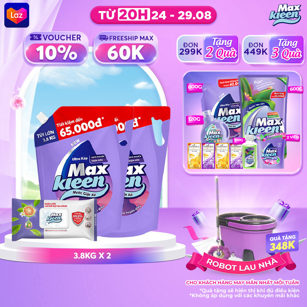 Combo 2 Túi Nước Giặt Xả MaxKleen hương Huyền Diệu (3.8kg/túi) + Lau Bề Mặt Đa Năng