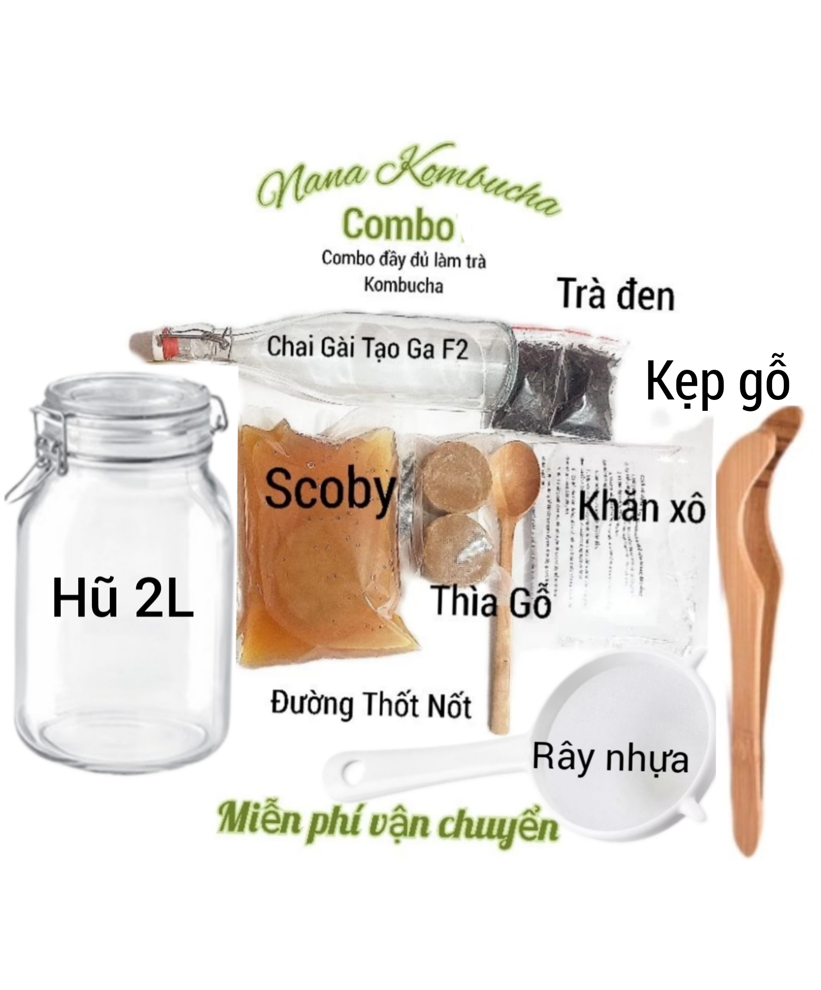 Combo Trà Kombucha 2L Đầy Đủ Nguyên Liệu Nuôi Scoby Làm Trà Kombucha / Set Làm Trà Kombucha