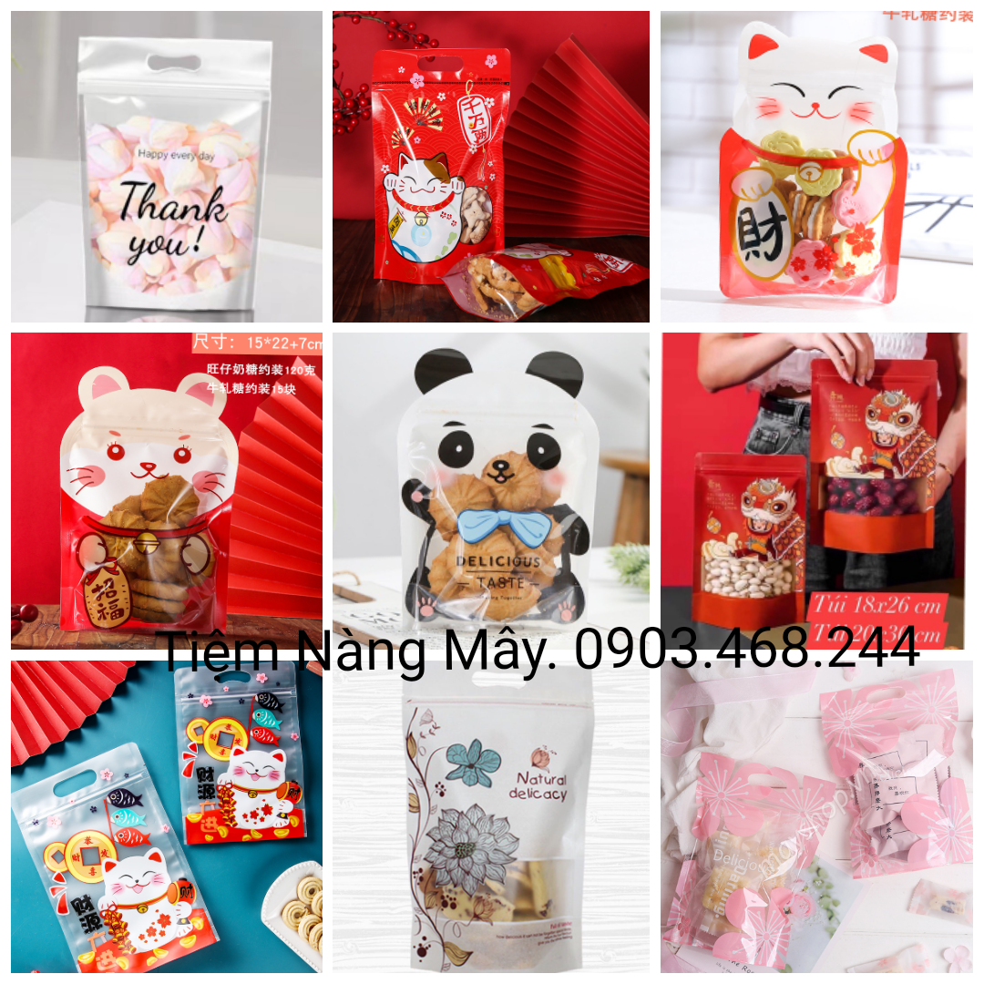 Túi zip đựng bánh kẹo mèo thần tài, hoa cúc, hoa đào đựng 200g -  400g 10 cái