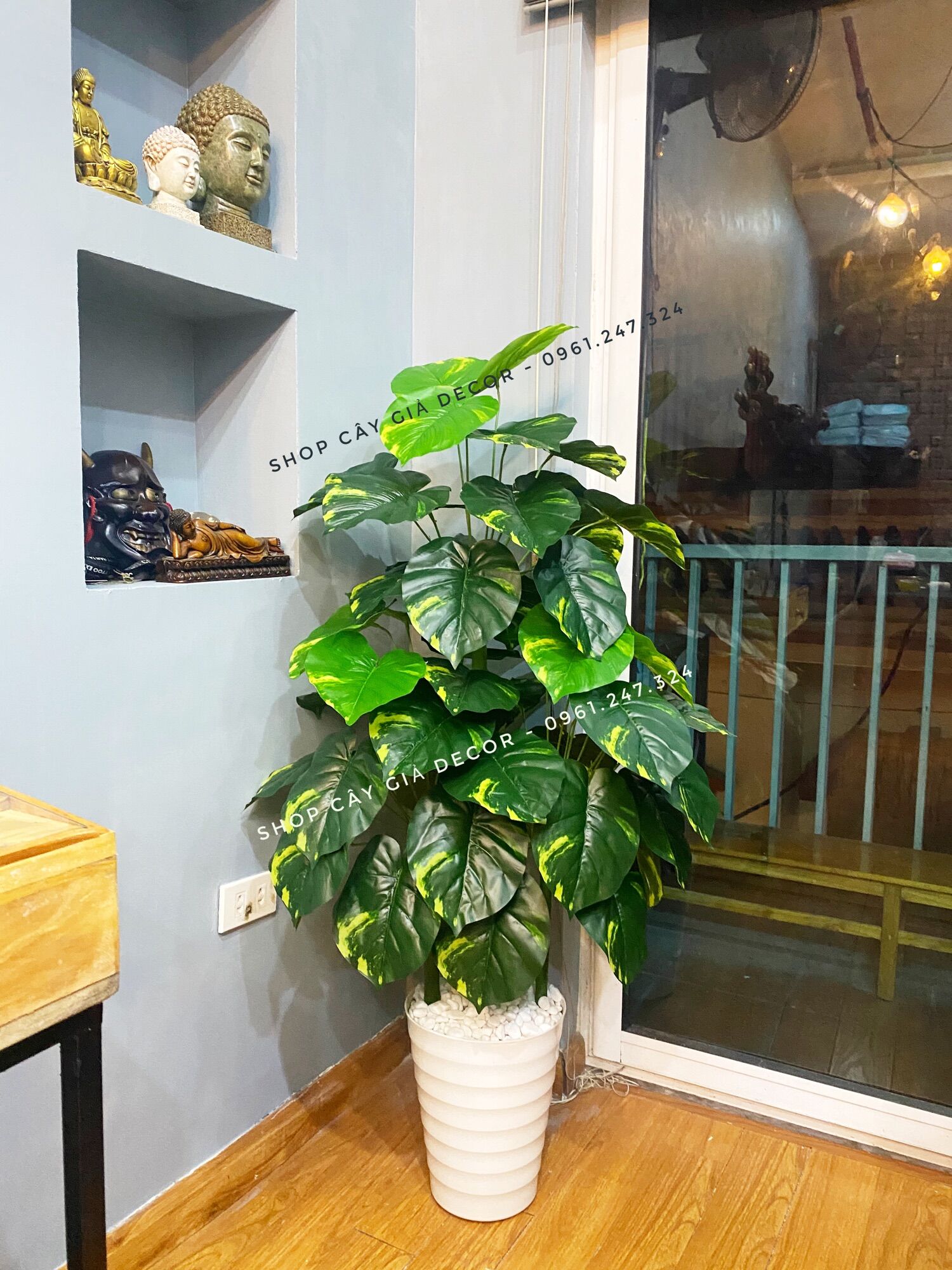 Cây giả trang trí - cây trầu bà giả lá đốm 1m3 - cây vạn niên thanh giả