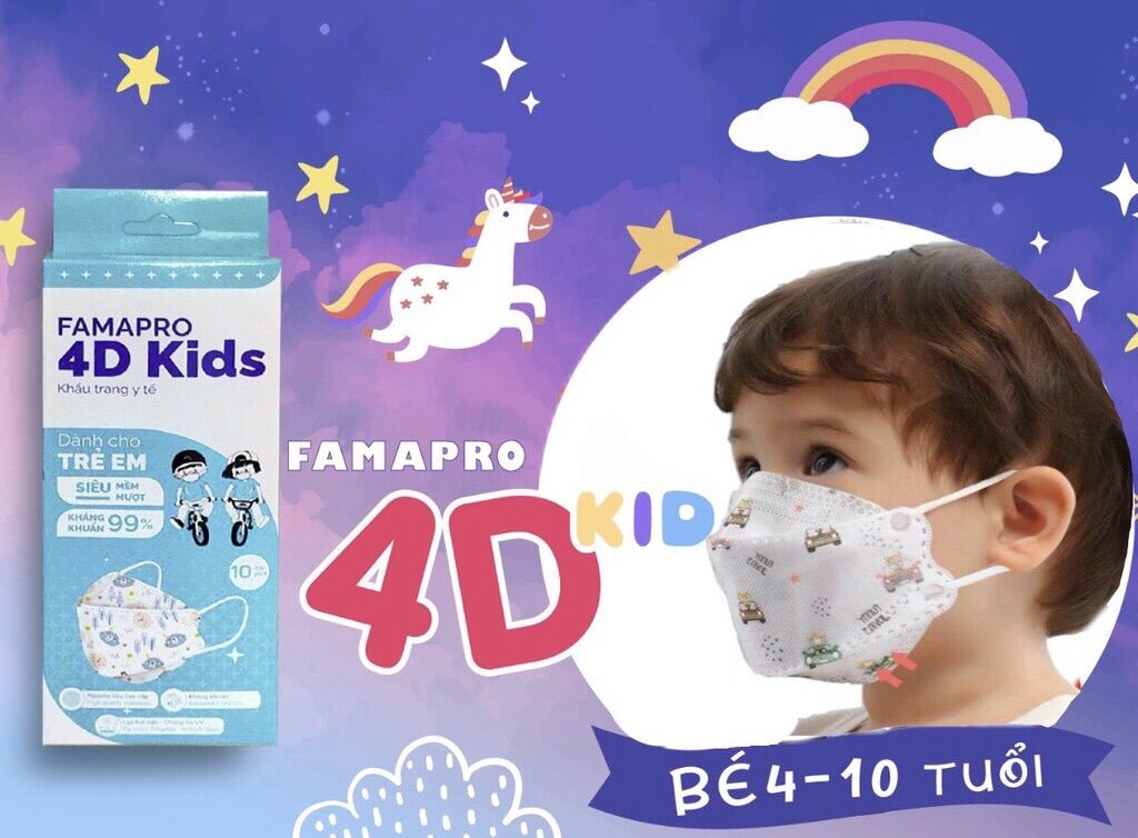 10 cái khẩu trang trẻ em Famapro 4D Kids/khẩu trang Nam Anh/Khẩu trang cho bé 4-10 tuổi (1 hộp)