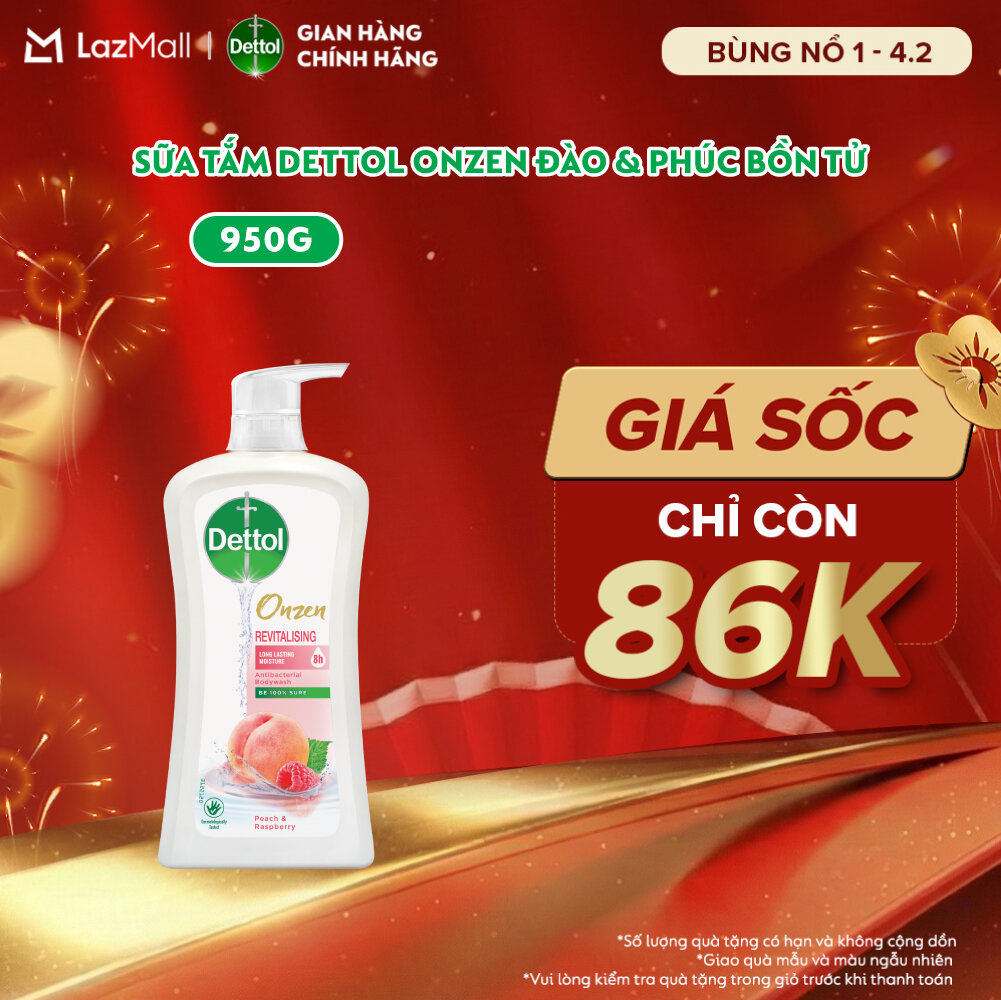 [DATE: 11/2026] Sữa tắm Dettol onzen kháng khuẩn dưỡng ẩm đào & phúc bồn tử - Chai 950g