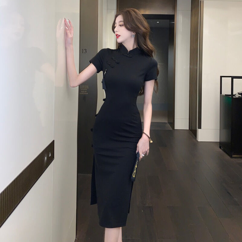 Đầm Sườn Xám Nữ Phong Cách Trung Hoa Cổ Điển, Cài Khuy, Màu Đen, Cao Cấp, Gợi Cảm, Mùa Hè, Eo Thon, Xẻ Tà, Dài Đến Đầu Gối, Chất Liệu Polyester