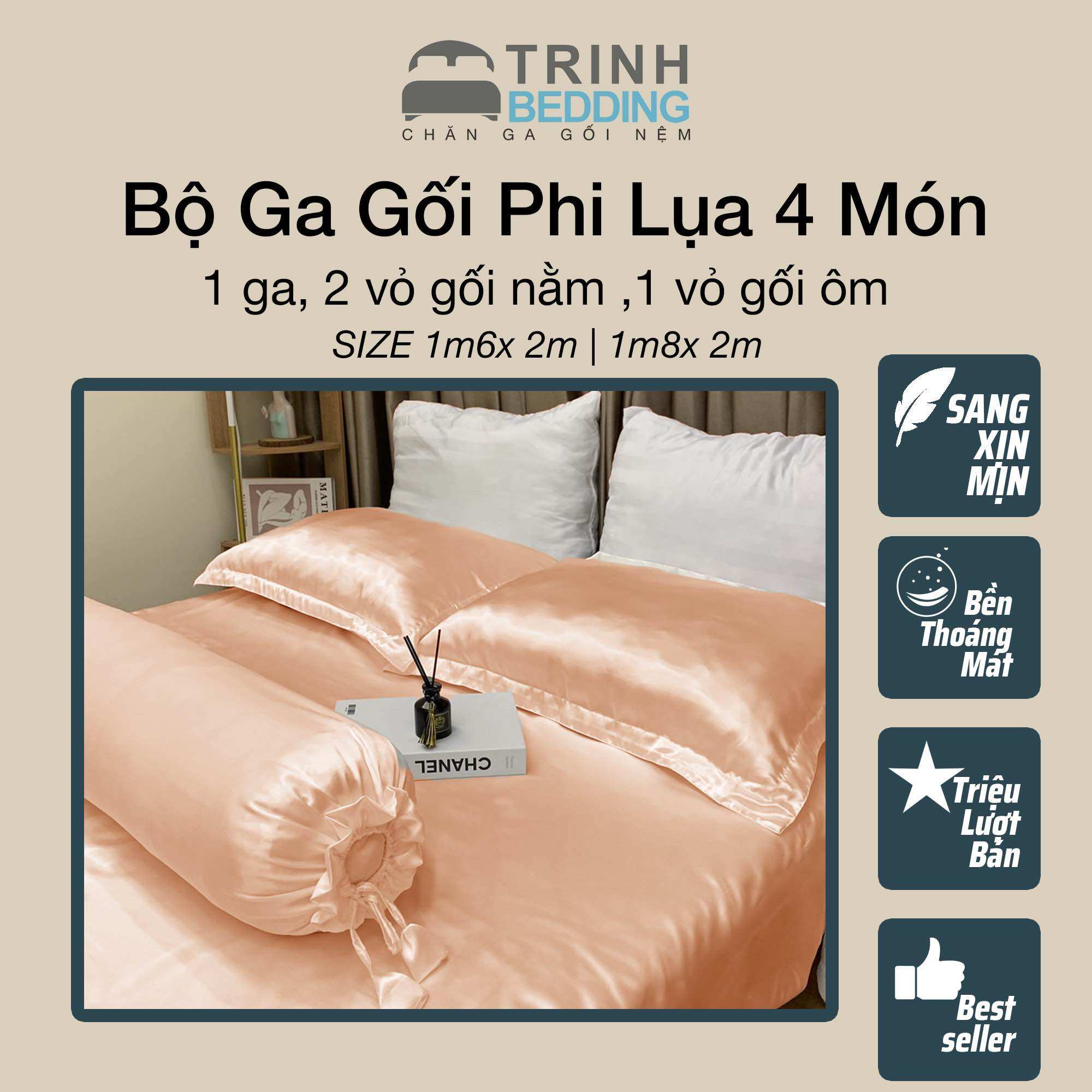 Bộ Ga giường Phi lụa lạnh mịn mát Trinhbedding nệm cao 20-30cm
