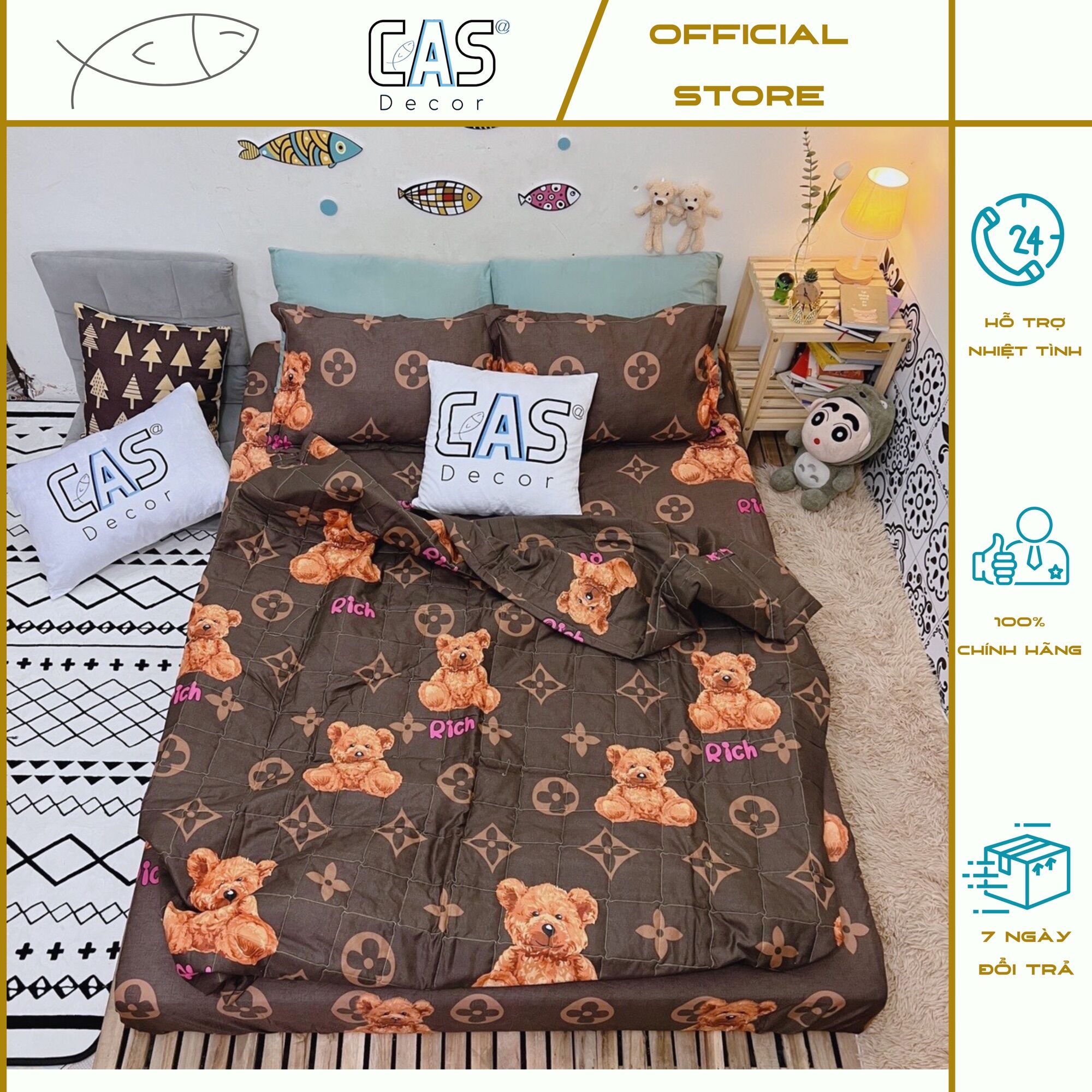 Bộ chăn ga gối cotton poly cas decor - hình gấu nâu
