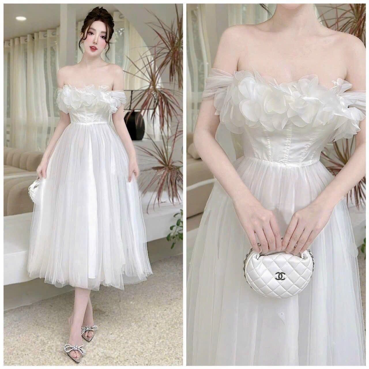 ĐẦM  LƯỚI CÔNG CHÚA BẸT VAI ĐÍNH HOA