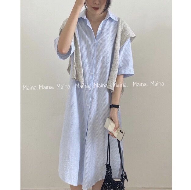 Đầm Sọc Dài Thời Trang Form Suông Xanh Nhạt Size SML ( Có Sẵn )